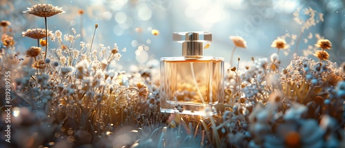 Close-up of a perfume bottle without brand label Decorated with delicate dried flower petals bathed in soft sunlight. This evokes feelings of nostalgia and romance. Suitable for product advertising.
