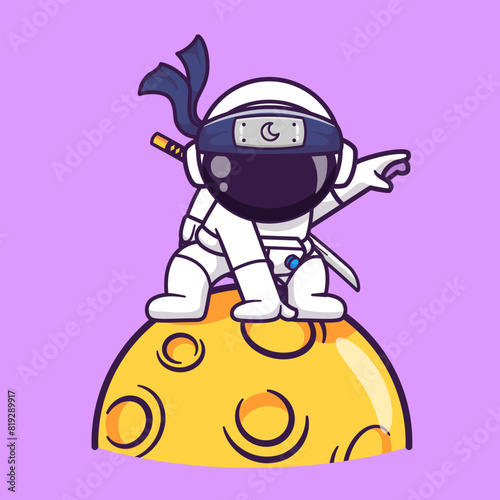 Cute Astronaut Ninja Landing On Moon Cartoon Vector Icon 
Illustration. Science Technology Icon Concept Isolated
Premium Vector. Flat Cartoon Style