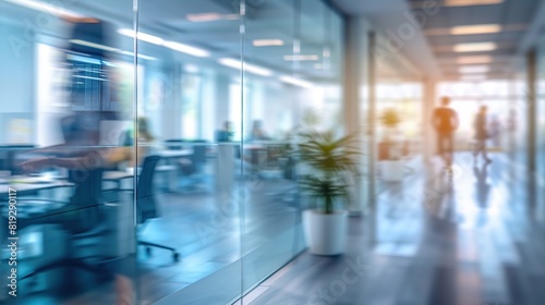 Business office with blurred people casual wear  with blurred bokeh background. Defocused board meeting background behind glass wall. Blurred office with people working behind glass wall 