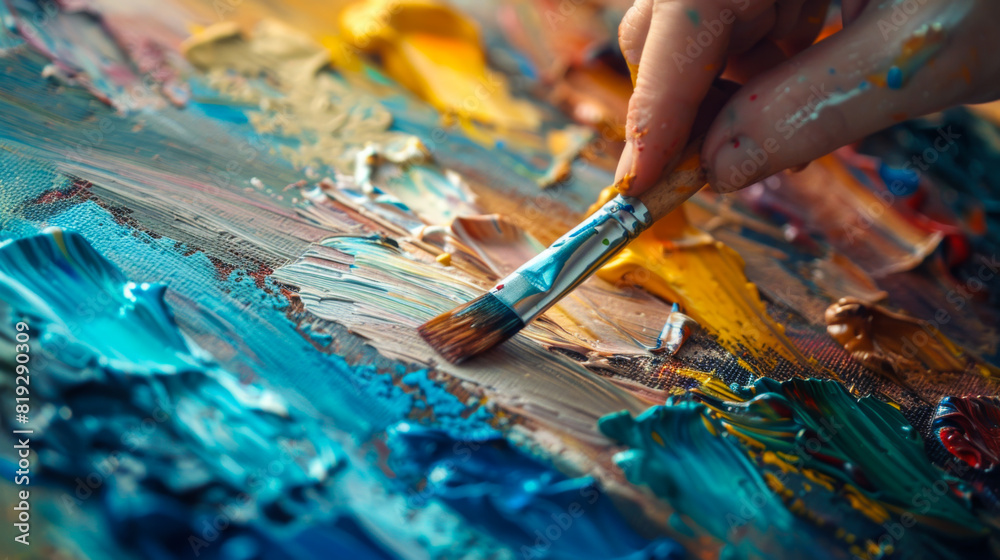 Close-up of the artist's hand with a brush and a palette of oil paints, sliding across the canvas. The artist paints in oils. Art concept. Close-up of the artist's hand with a brush and a palette of oil paints, sliding across the canvas. The artist paints in oils. Art concept.