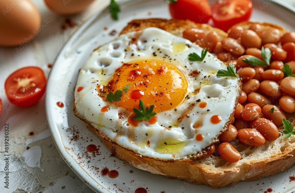 Plate of Toast With Beans, Eggs, and Tomatoes Plate of Toast With Beans, Eggs, and Tomatoes