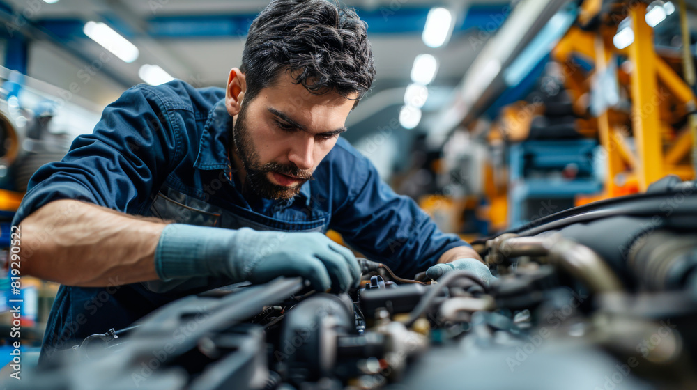 Portrait of a mechanic working on a car in an auto repair shop. A worker is rebuilding an engine over an open hood. Concept of work, automotive industry. Portrait of a mechanic working on a car in an auto repair shop. A worker is rebuilding an engine over an open hood. Concept of work, automotive industry.