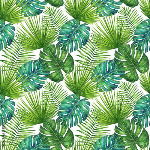 Tropical flowers seamless pattern. Exotic flowers and palm leaves. Plumeria and Hibiscus flowers. Colorful tropical flowers. Summer vacation vibe. Tropical Background. Hawaiian Tropical Plants