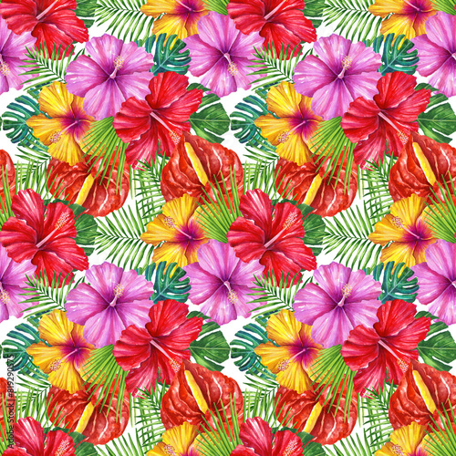Tropical flowers seamless pattern. Exotic flowers and palm leaves. Plumeria and Hibiscus flowers. Colorful tropical flowers. Summer vacation vibe. Tropical Background. Hawaiian Tropical Plants