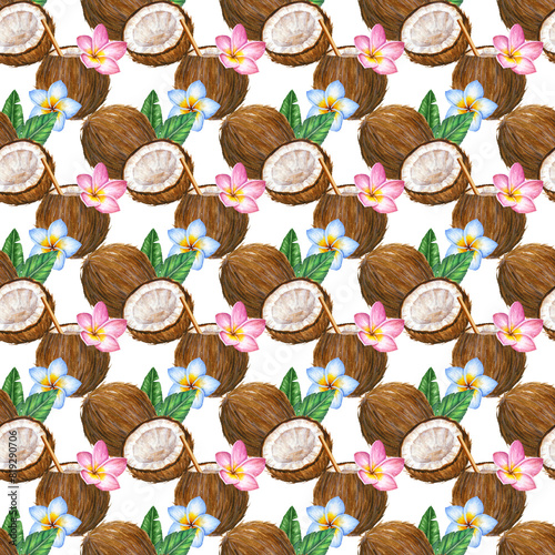 Tropical seamless design. Coconuts pattern on white background. Hawaiian vibe