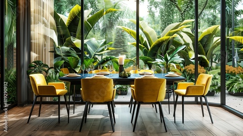 A chic dining area featuring a blue dining table set with yellow chairs  set against a backdrop of floor-to-ceiling windows overlooking a lush garden.