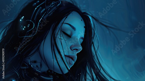 Portrait of cyborg girl with long black hair, closed eyes, metal grunge wires on her neck standing in night scene. photo