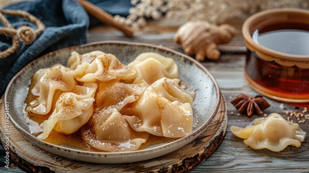 Steamed dumplings with savory filling served on rustic plate tea