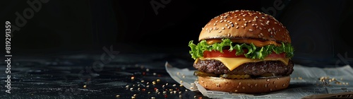 A high resolution photograph of hamburger elegance on newspaper, featuring an enormous cheeseburger with brioche bun and lettuce tomato in the center of frame, surrounded by black computer screen back photo