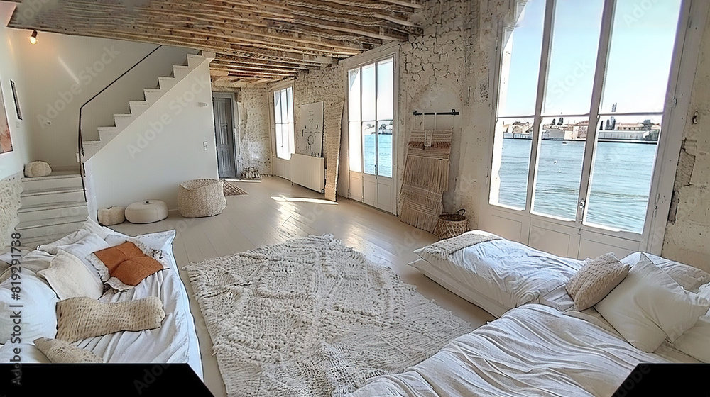   Neatly made bed in a cozy bedroom, leading upstairs to a spacious room with water views