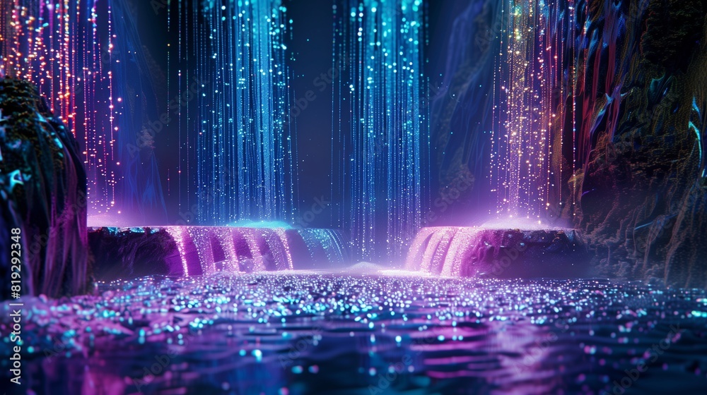 A cascade of neon waterfalls descending into a crystalline pool, each droplet a pixel of shimmering light.