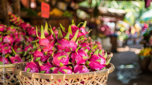 A basket filled with dragon fruits on display at a market.