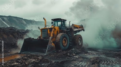 Powerful wheel loader or bulldozer working on a quarry or construction site. Coal dust  black gold