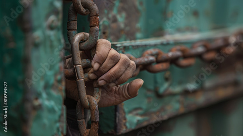 A woman's hand is locked in a container by a chain and key. She is trying to escape, but it is difficult. She is a victim of human trafficking and illegal immigration.