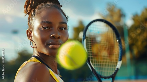 Pretty black woman tennis player athlete. Sports, diversity and inclusion concept © Vladyslav  Andrukhiv