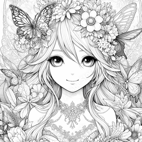 Whimsical Fantasy Garden Fairy Coloring Page White Ink, Ultra Cute Portrait