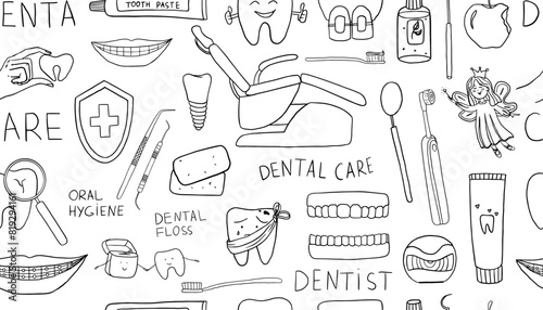 Seamless pattern of dental care theme elements in doodle style. Stomatology, dental floss, oral hygiene, teeth health, toothbrush, braces. Healthcare and medicine. Hand drawn vector illustrations 