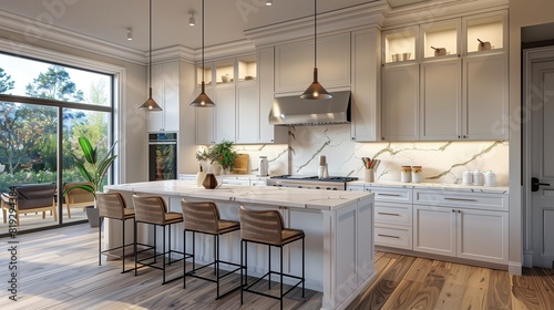 A contemporary kitchen with matte white cabinets, marble countertops, and stainless steel appliances, illuminated by pendant lights hanging above a spacious island. © Scott