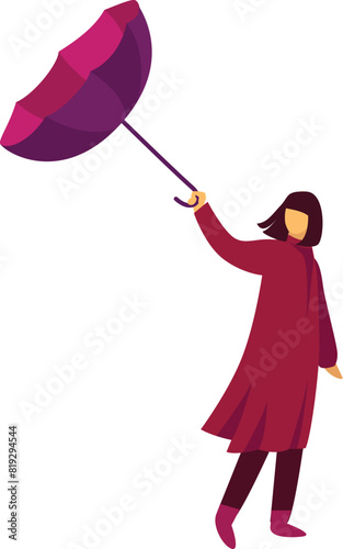 Illustration of a woman in a red coat holding a large, open purple umbrella on a windy day