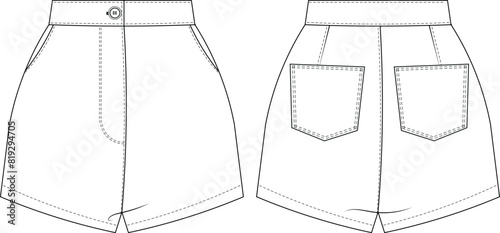 darted mini pocket denim jean short template technical drawing flat sketch cad mockup fashion woman design style model
