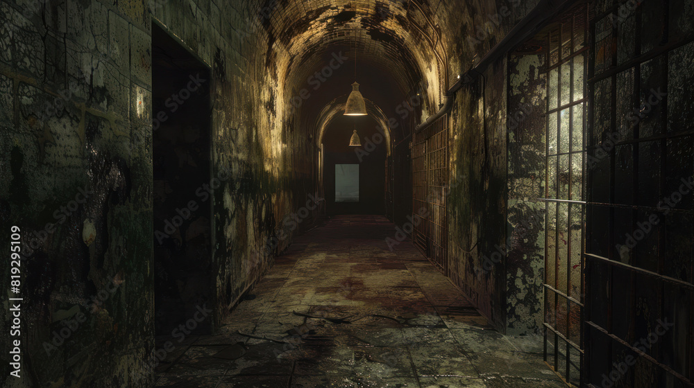 Obraz premium Dim, narrow passageways lead through the shadowy depths of the prison.
