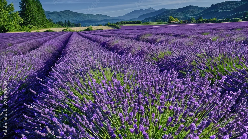 Naklejka premium A field of lavender flowers in front of a majestic mountain range with a clear blue sky and fluffy white clouds overhead