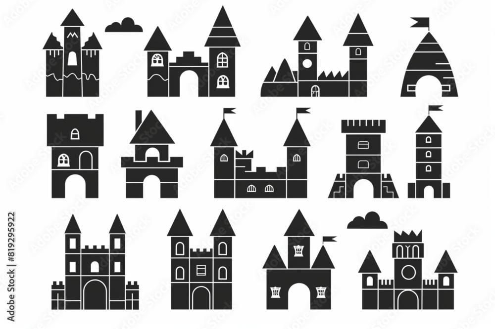 Building block children game for toy castle and tower construction creation isolated set on white set vector icon, white background