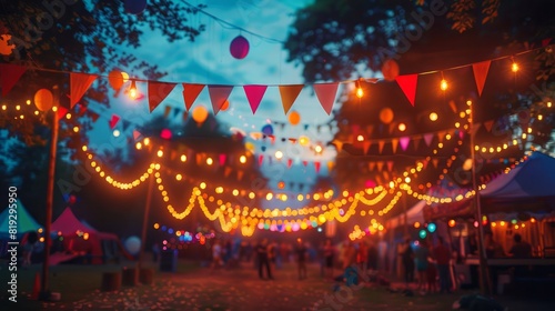 Fototapeta Naklejka Na Ścianę i Meble -  A festive scene with colorful lights and banners hanging overhead