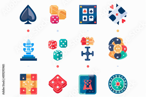 Board games flat icons set. Different games for friends. Puzzles, jenga, monopoly, poker, casino, dominoes, uno and chess. Entertainment
