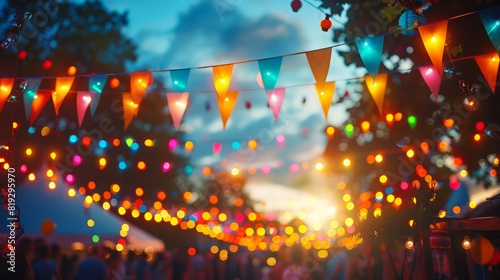 A colorful festival with many people and lights