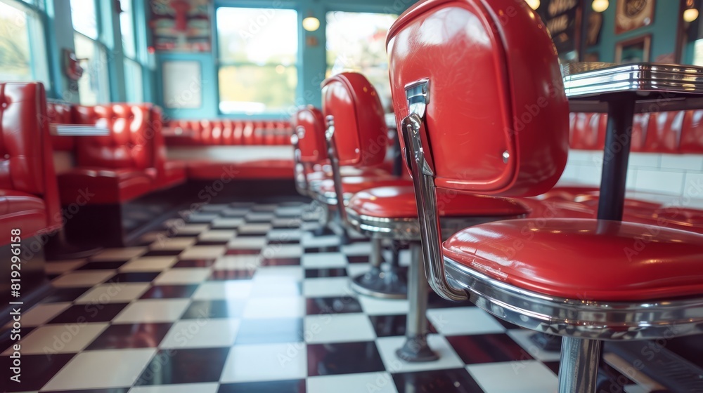 A red and black checkered restaurant with red chairs and tables A red and black checkered restaurant with red chairs and tables