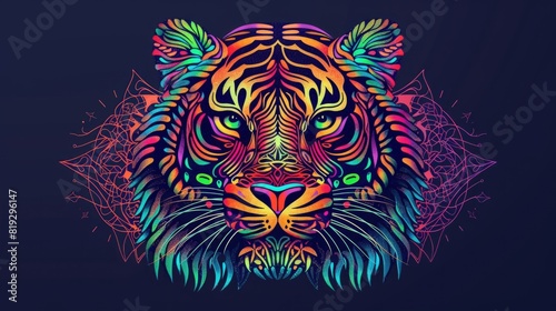Psychedelic tiger head with symmetrical mandala shapes. Animal Totem  spiritual guide  mystical emblem of the shaman