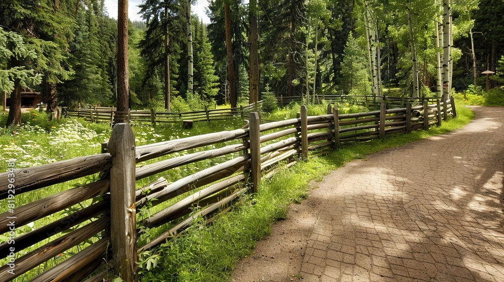 Wooden fence near dirt road in woods, with white flowers and trees beyond Wooden fence near dirt road in woods, with white flowers and trees beyond