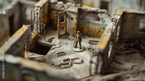 Prison life portrayed through a miniature of an old prison  showcasing worn-out interiors and handcuffs  highlighting the confinement and hardship faced by inmates behind bars.