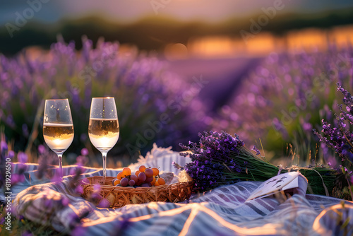 Picnic blanket with wine glasses at a lavender field in France during summer
