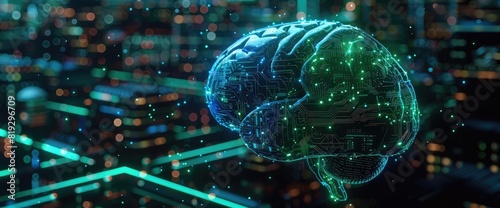 a digital brain made of circuit boards glowing