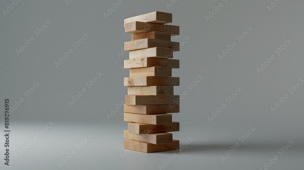 Stack of wooden blocks forming a tall Jenga tower on a gray backdrop. Stack of wooden blocks forming a tall Jenga tower on a gray backdrop.
