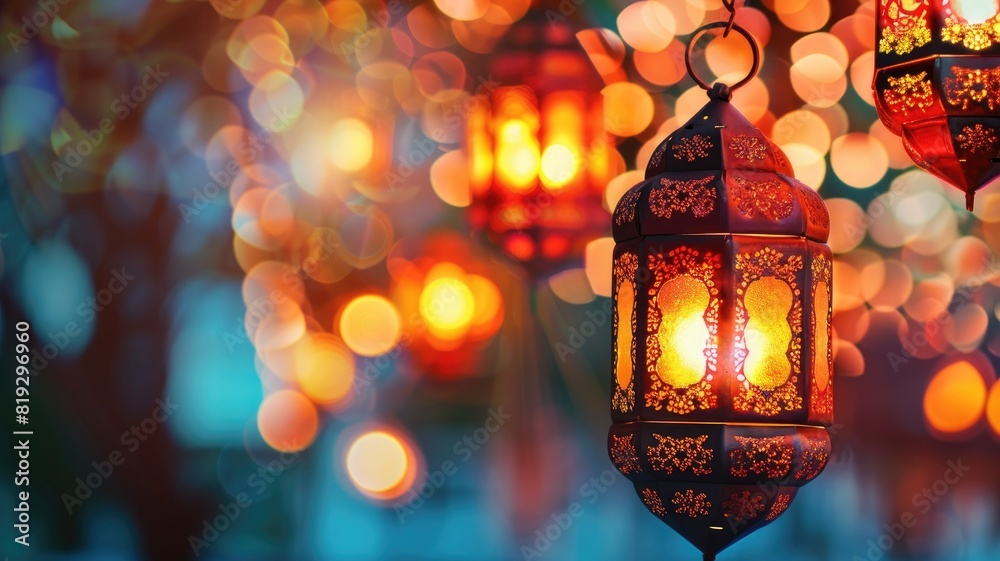 Ornate lanterns illuminate at night, creating festive ambiance with bokeh light effect Ornate lanterns illuminate at night, creating festive ambiance with bokeh light effect
