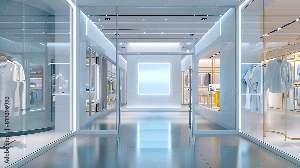 Front view of clothing store mockup. Facade of apparel store with empty neon sign and wide glass window in a mall. Front view of clothing store mockup. Facade of apparel store with empty neon sign and wide glass window in a mall.
