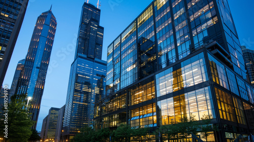The office building stands tall next to modern skyscrapers with glass walls that reflect the bright city lights. The clear blue sky stretches above the scene.