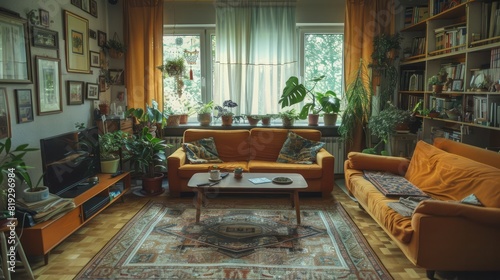 A living room with a couch, coffee table, and potted plants