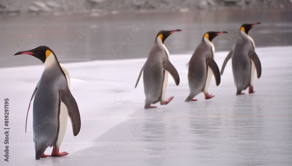 Obraz premium 氷上を行進するペンギンたち - 極寒の大地での可愛らしいひととき