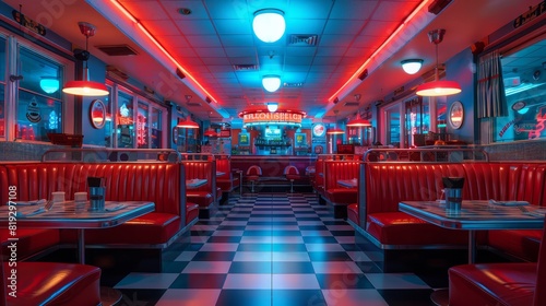 A neon red and black restaurant with a checkered floor