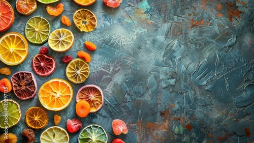 Abstract background with assorted sliced citrus fruits on colorful textured surface
