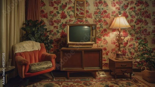 A living room with a floral wallpaper and a television