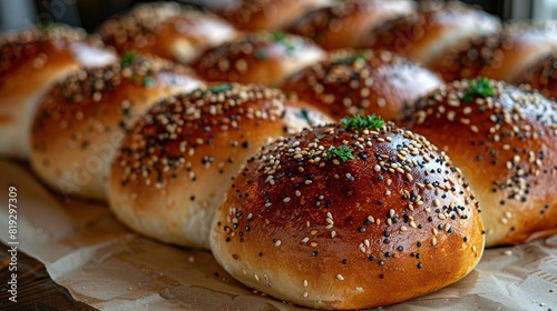  A close-up image of multiple sesame-topped buns