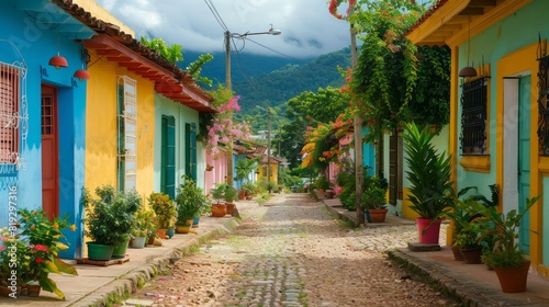 A colorful street with houses and potted plants