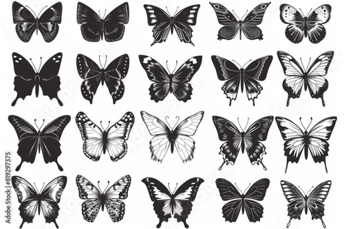 Collection of butterflies set vector icon  white background  black colour icon