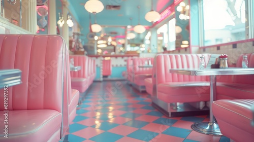A pink and blue diner with neon lights and pink chairs