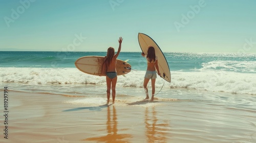 A girl on a beach waves to a boy carrying a surfboard, capturing the essence of a carefree summer day filled with playful energy and the beauty of the seaside. Girl waving to a boy photo